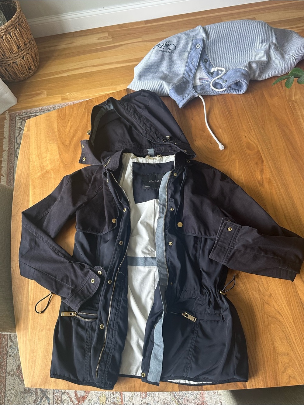 Zara Navy Hooded Utility Jacket with Gold Hardware